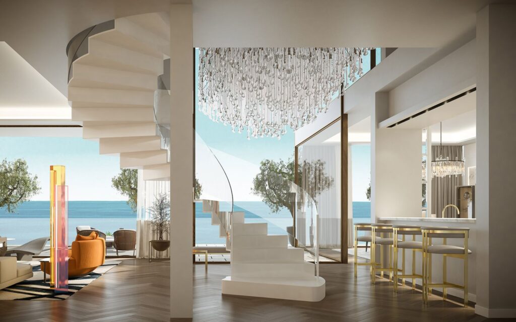 Interior 3D rendering of the Five stars hotel luxury room with white and glassy stairs