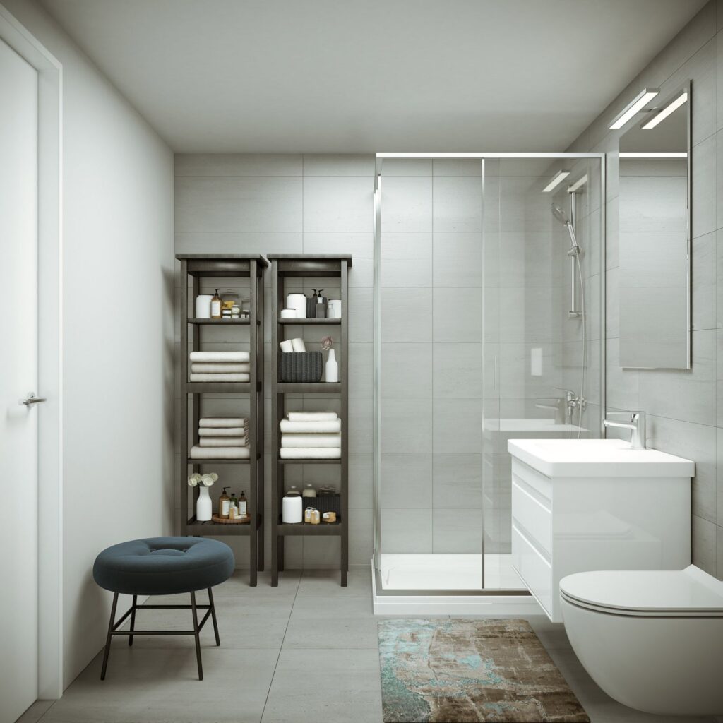 Interior 3D rendering of the Portes de Bull Housing minimalist, clean and tidy bathroom