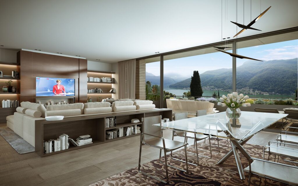 Interior 3D rendering of the modern living room and dining room with a lake view and large windows at the Family home Vigneto