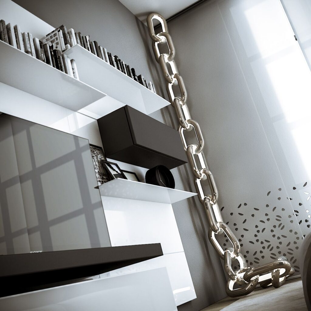 Interior 3D rendering of the Red Hook modern living room designed with a chain-shaped metal lamp that hangs from the ceiling and reaches the floor