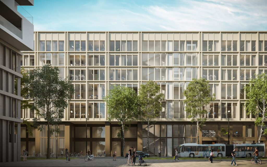 3D-Innendarstellung des Quartier de l'Etang in Gebäuden mit vielen Stockwerken, die sich in die Umgebung einfügen