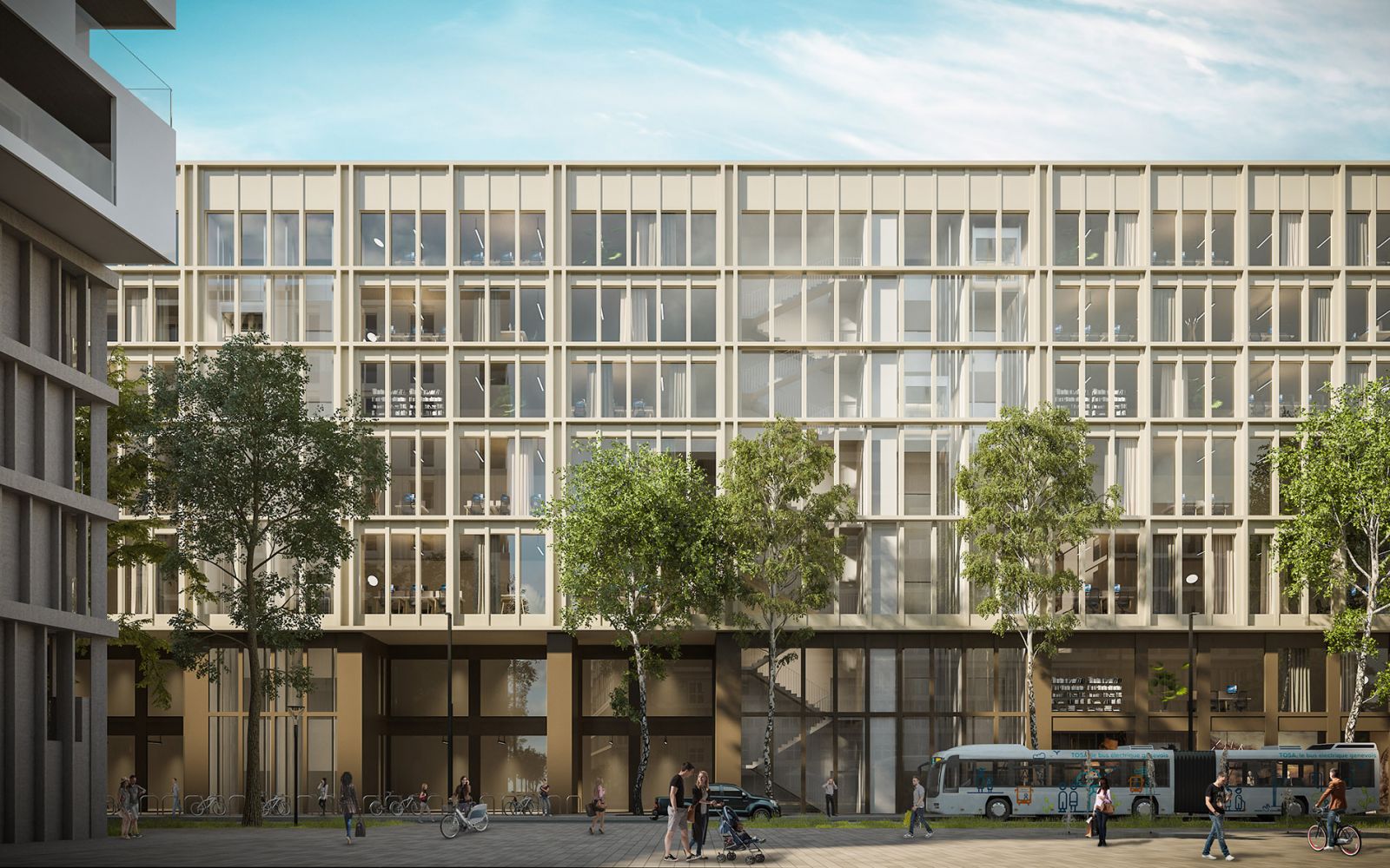 Interior 3D rendering of the Quartier de l'Etang inside buildings with many floors to join the environment