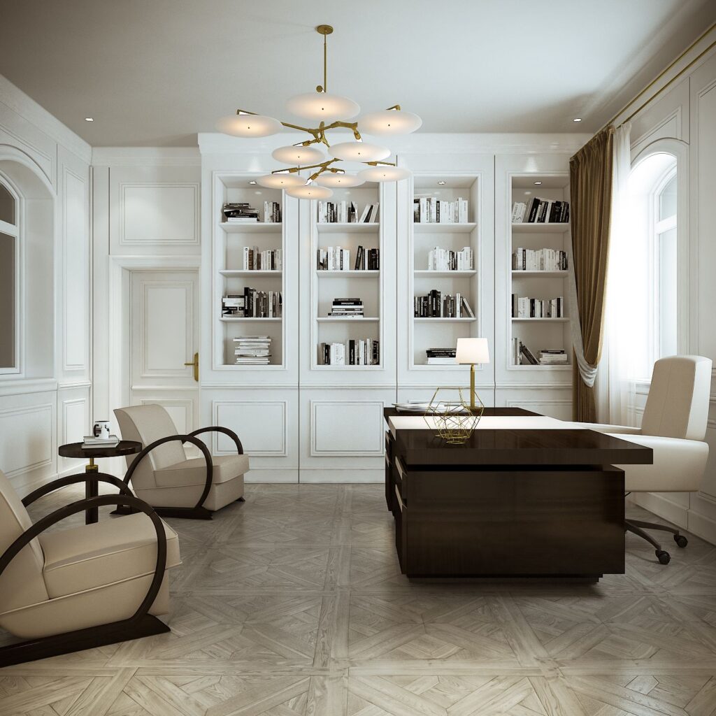 3D-Innenansicht des Homeoffice einer rumänischen Familie mit Bibliothek, weißen Wänden und Holzmöbeln