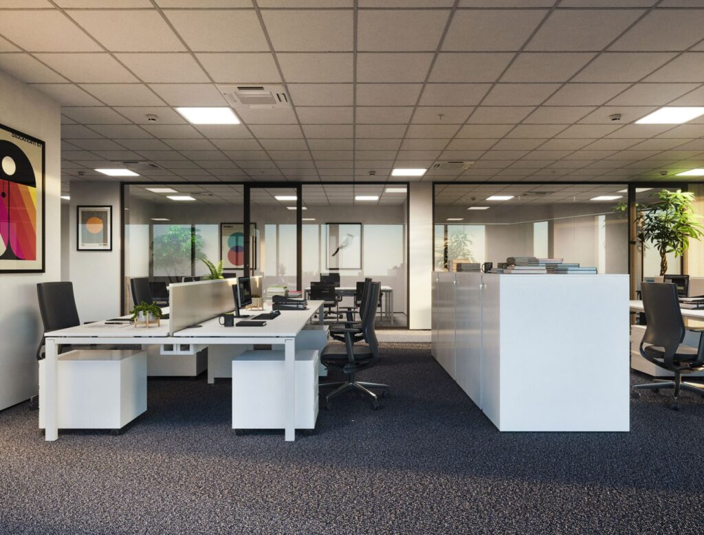 Interior 3D rendering of the Multi Family house office with neutral colors, good lighting and many windows