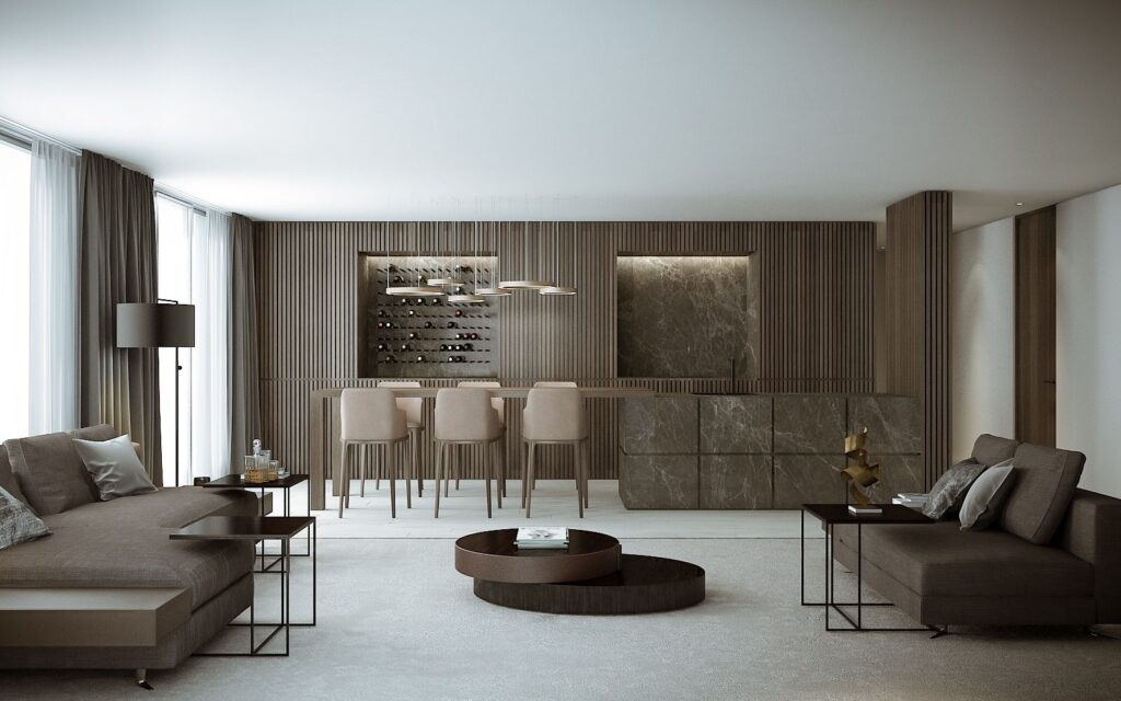 3D-Innenansicht des Einfamilienhauses Zurich mit offenem Konzept und eleganten Vorhängen, die speziell für diesen Raum ausgewählt wurden