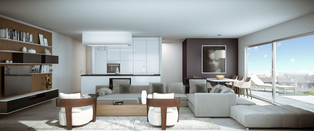 Interior 3D rendering of the Rossi 16 - Multi Family open-concept living room, kitchen, and dining room with a minimalist style