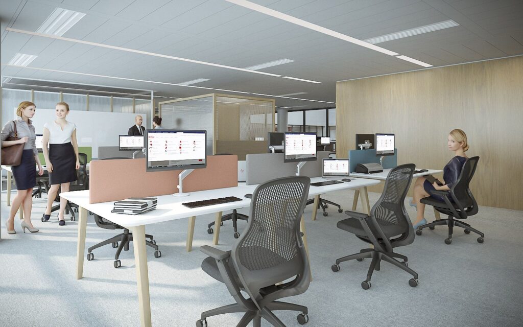 Interior 3D rendering of the Hilti Paris offices with open concept, outstanding colors and wooden walls