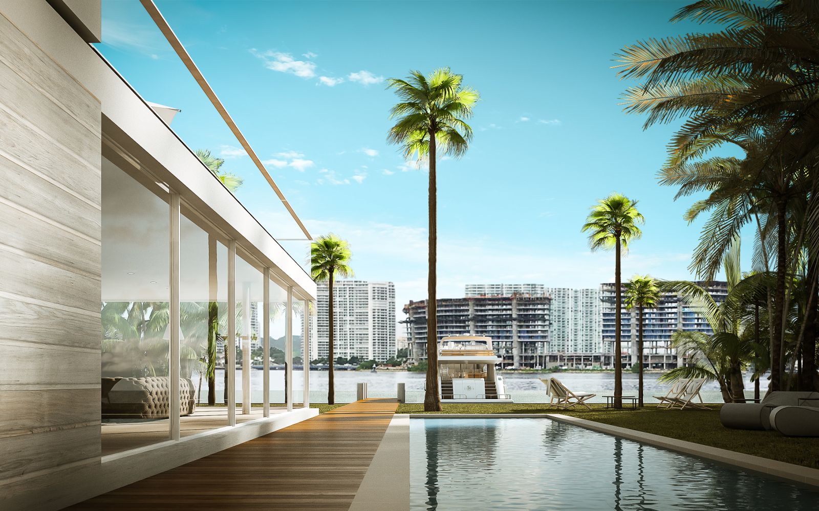 Interior 3D rendering of the semi-covered pool at the miami family home with an excellent view