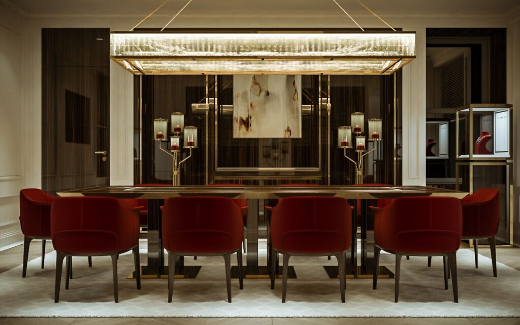 3D-Innendarstellung des luxuriösen Schmuck-Penthouses mit roten Stühlen und warmem Licht