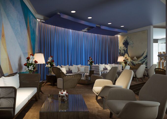 Interior 3D rendering of the Hotel Eilat rest area decorated with blue curtains, drawings on the walls and wooden tables with glass