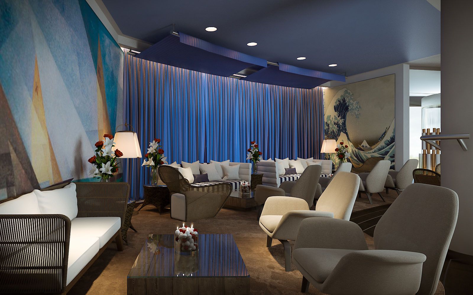 Interior 3D rendering of the Hotel Eilat rest area decorated with blue curtains, drawings on the walls and wooden tables with glass