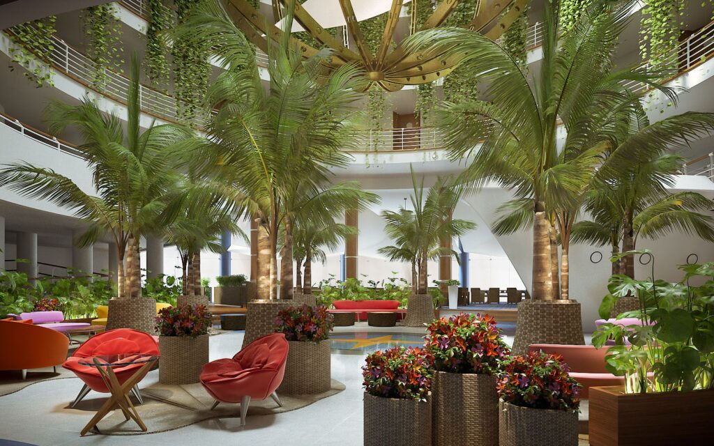Interior 3D rendering of the Hotel Eilat rest area located in the center of the hotel with views of the upper floors which are decorated with tropical plants