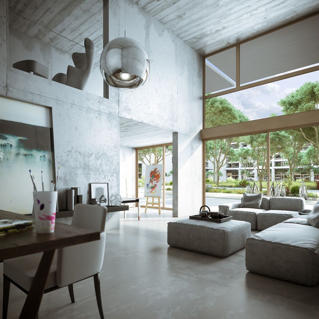 Interior 3D rendering of the Schiffenen housing designed with concrete walls and floors, a silver chandelier on the ceiling and a large window