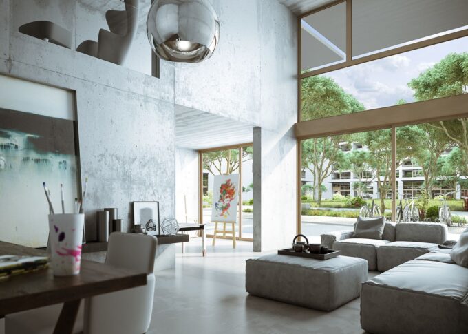 Interior 3D rendering of the Schiffenen housing designed with concrete walls and floors, a silver chandelier on the ceiling and a large window
