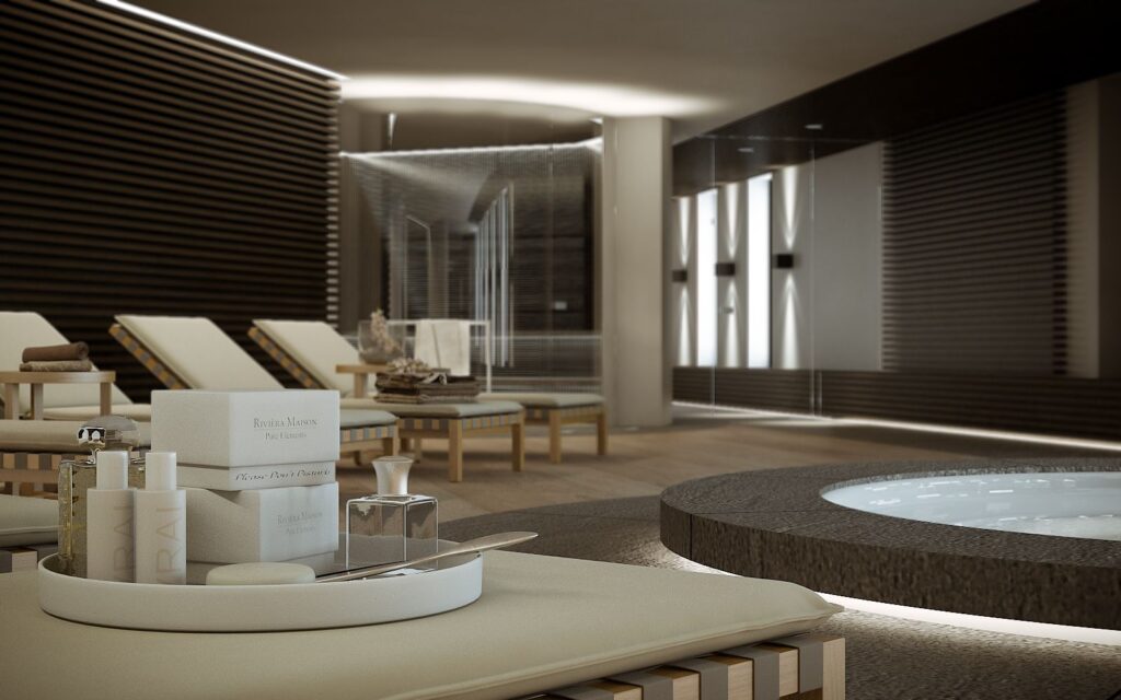 Interior 3D rendering of the Family villa rest area with great illumination, wooden floors and walls and a jacuzzi