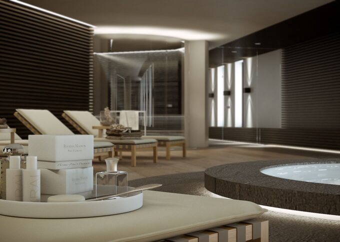 Interior 3D rendering of the Family villa rest area with great illumination, wooden floors and walls and a jacuzzi