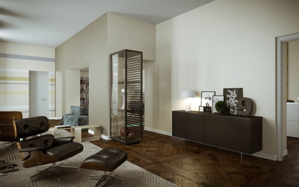 Interior 3D rendering of the rest area with wooden floor and dark furniture illuminated by natural light at The Number 6