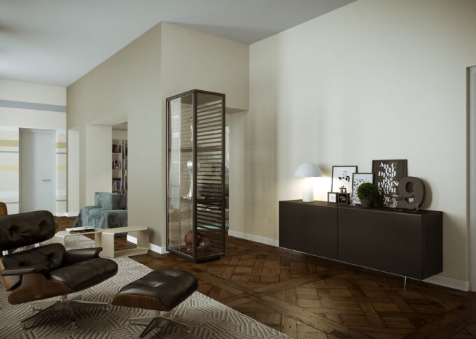 Interior 3D rendering of the rest area with wooden floor and dark furniture illuminated by natural light at The Number 6