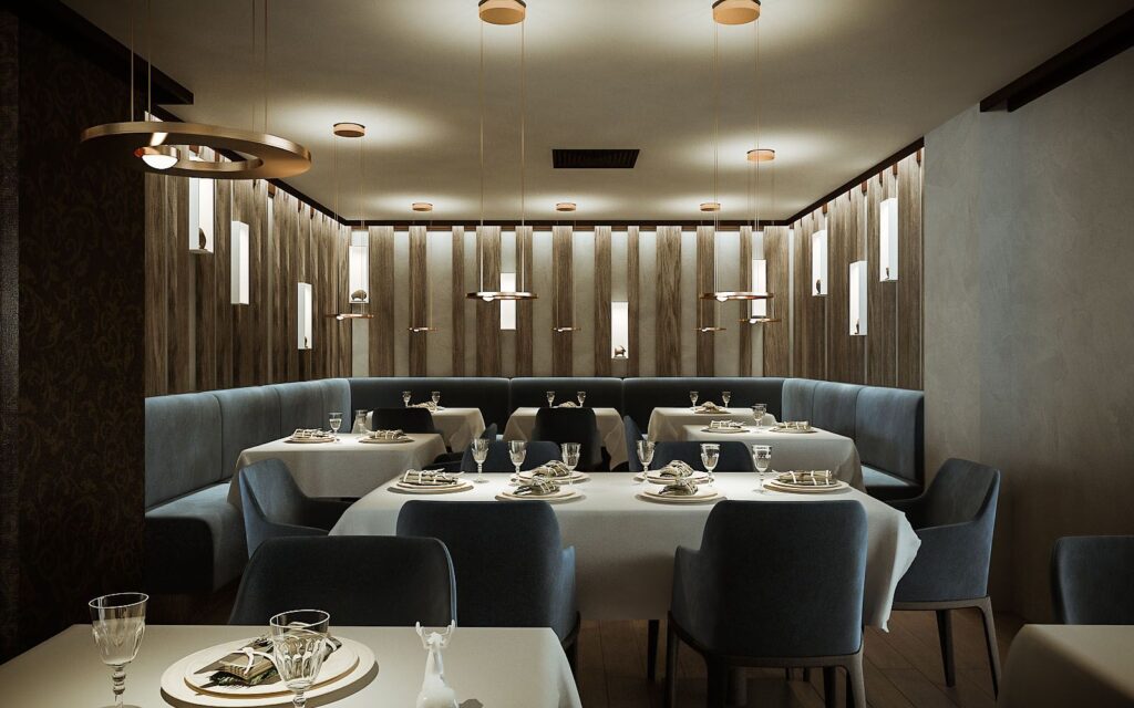 3D-Innenansicht des Restaurants des Hotels Massif mit warmer Beleuchtung und blauen Stühlen und Sesseln