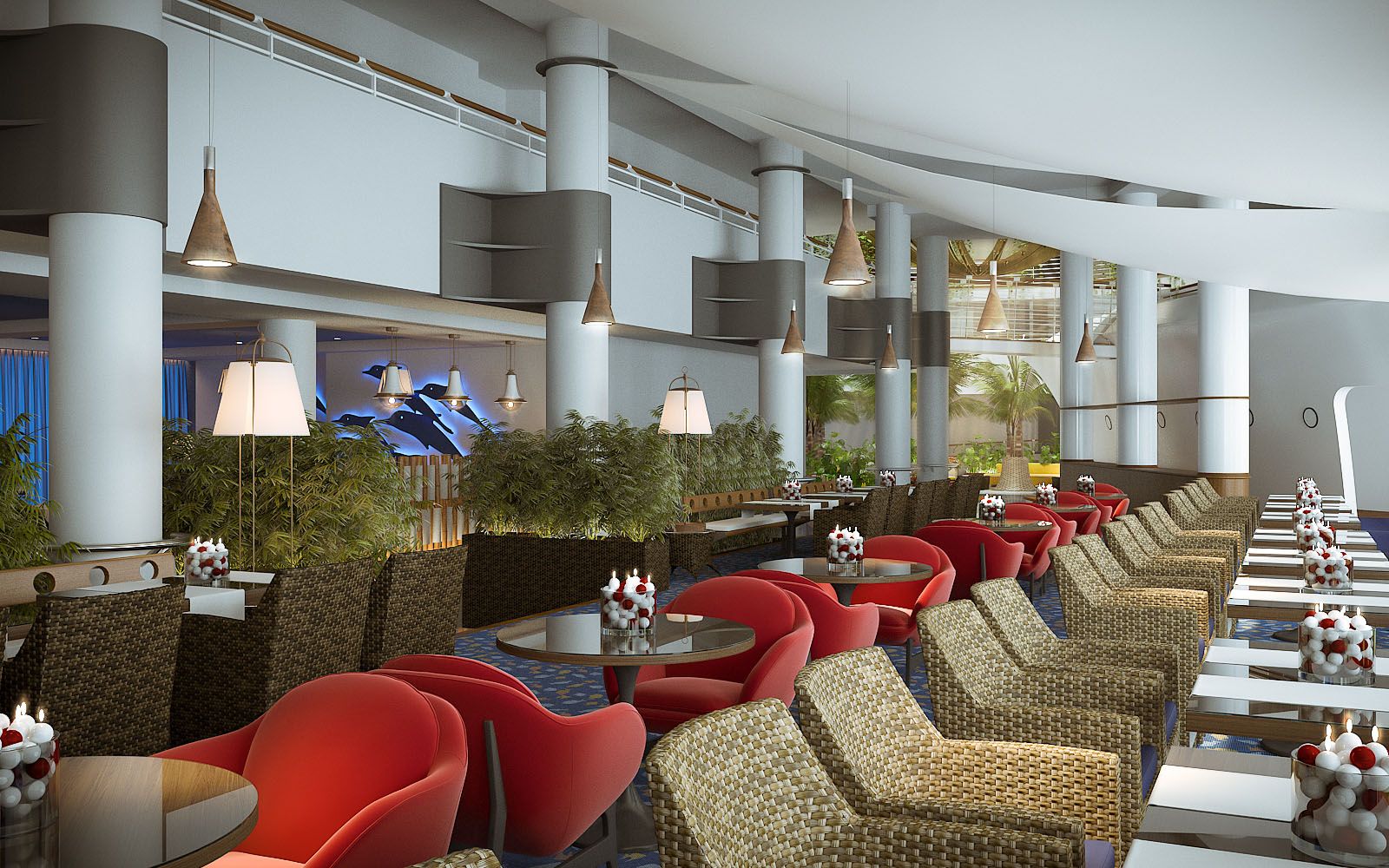 Interior 3D rendering of the Hotel Eilat restaurant decorated with plants and chairs of different types, the ones that stand out the most are upholstered in red