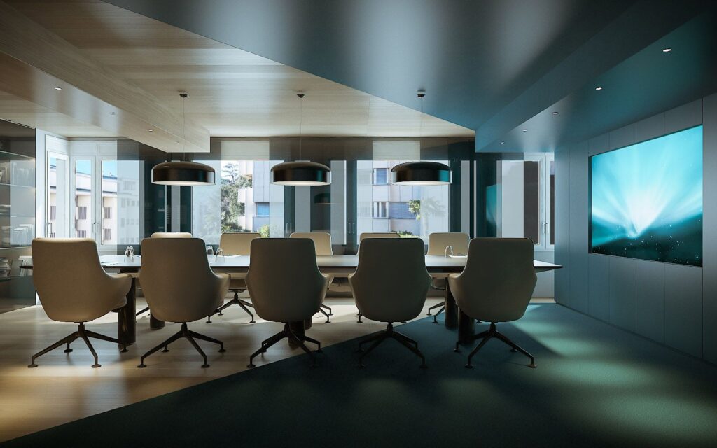 Interior 3D rendering of the Central Park offices designed with a long table in the center of the room and lots of natural light