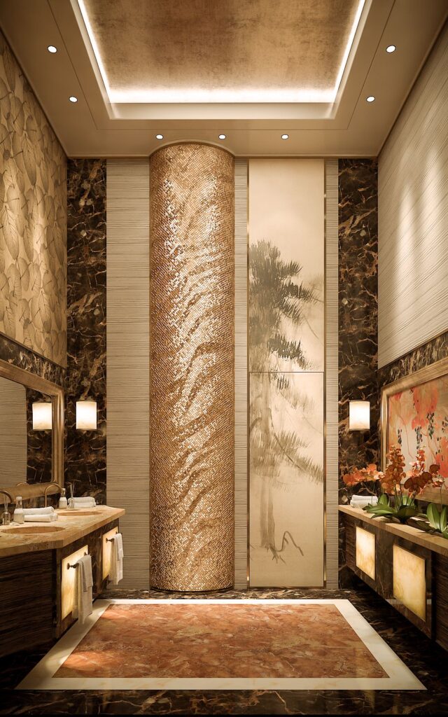 Interior 3D rendering of the Hotel Tel Aviv toilet with walls with many different prints and high ceilings