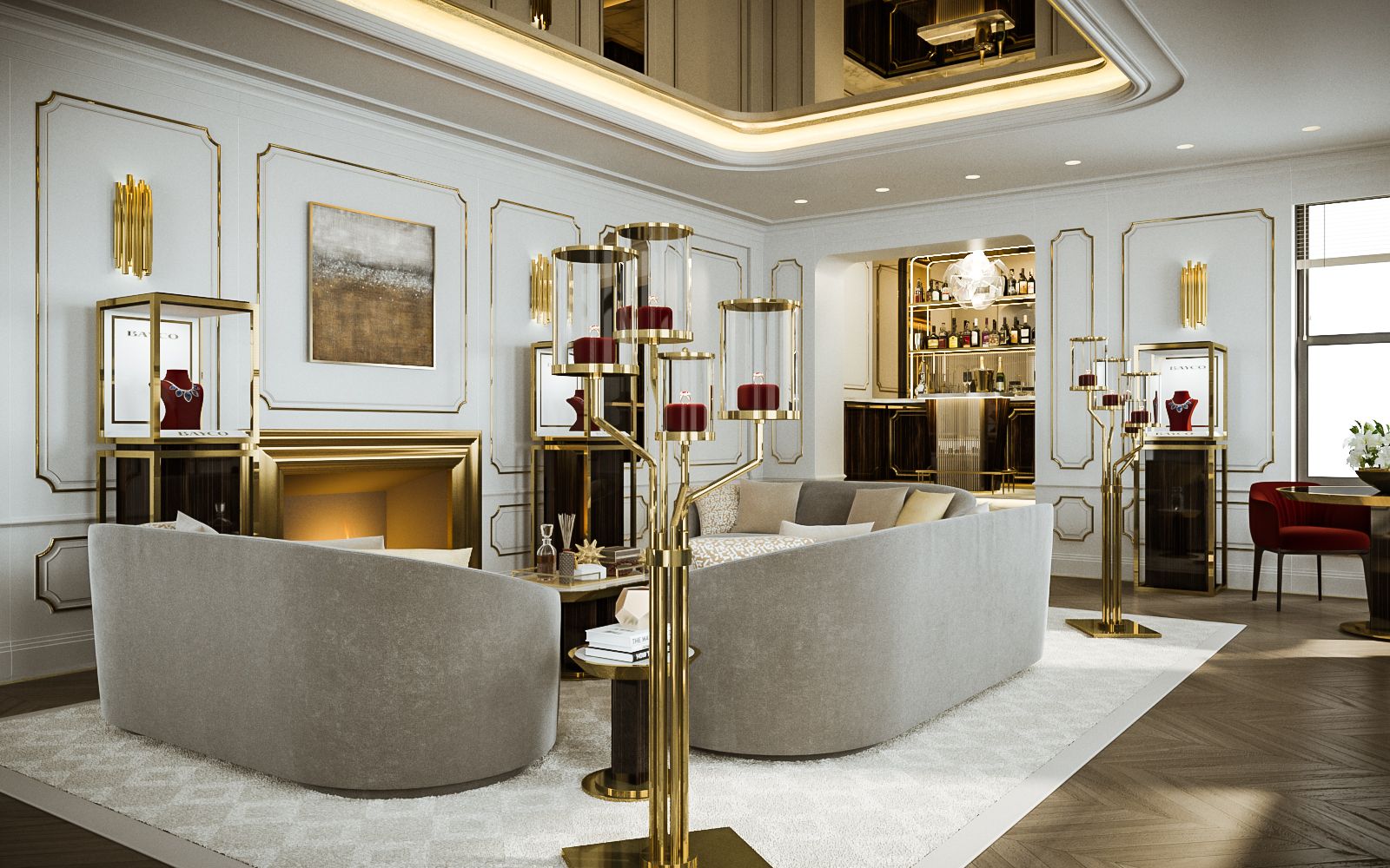 Interior 3D rendering of the luxury Jewelry penthouse with a white rug over the wooden floor decorated by refined style