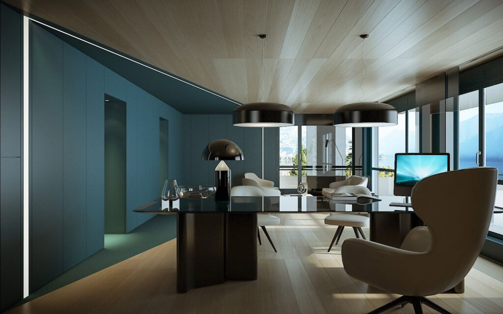 Interior 3D rendering of the Central Park offices decorated with a glass and wood desk, a designer lamp and natural light