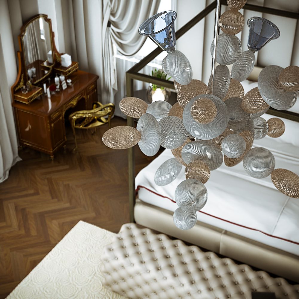 Wohn-3D-Rendering der modernen und originellen Deckenleuchte Dock Lane, die aus mehreren ovalen Teilen in verschiedenen Farben besteht, die zusammenpassen