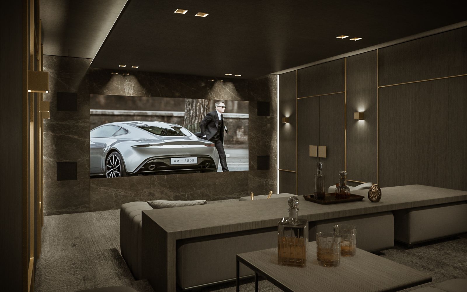 Interior 3D rendering of the luxury Private Home Theater with a marble wall and grey furniture