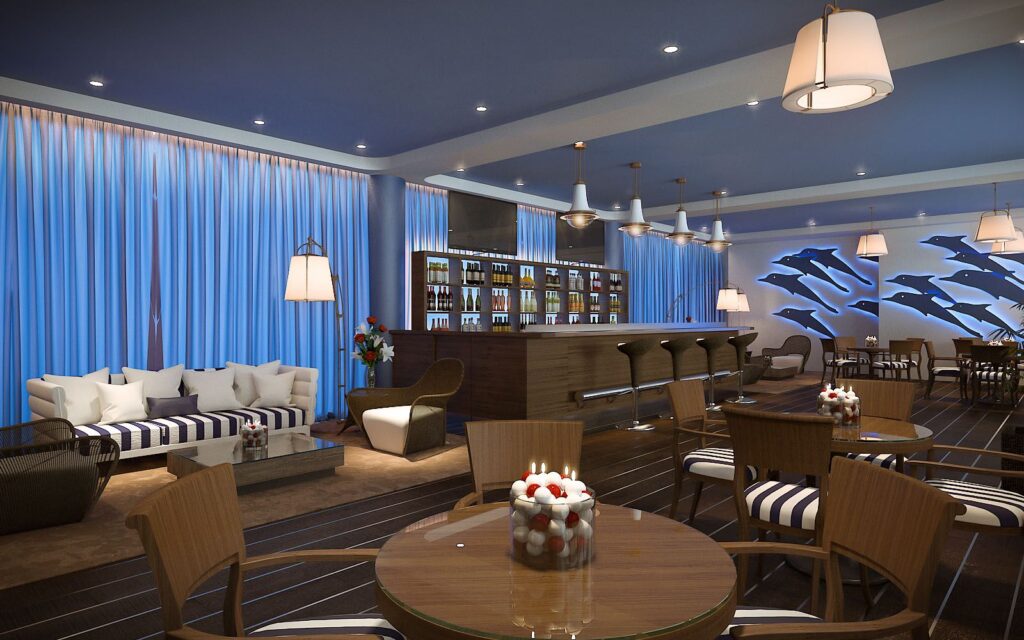 Real estate 3D rendering of the Hotel Eilat bar decorated with light blue curtains and lights and wooden furniture