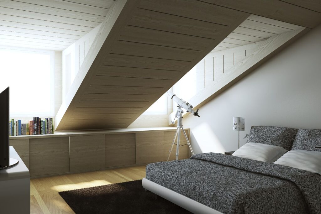 Real estate 3D rendering of the bedroom with wooden floor and ceiling illuminated by natural light and decorated by modern style at The Number 6