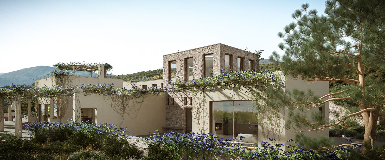 Real estate 3D rendering of the Lefkada Houses cream colored exterior with rock walls and decorative plants