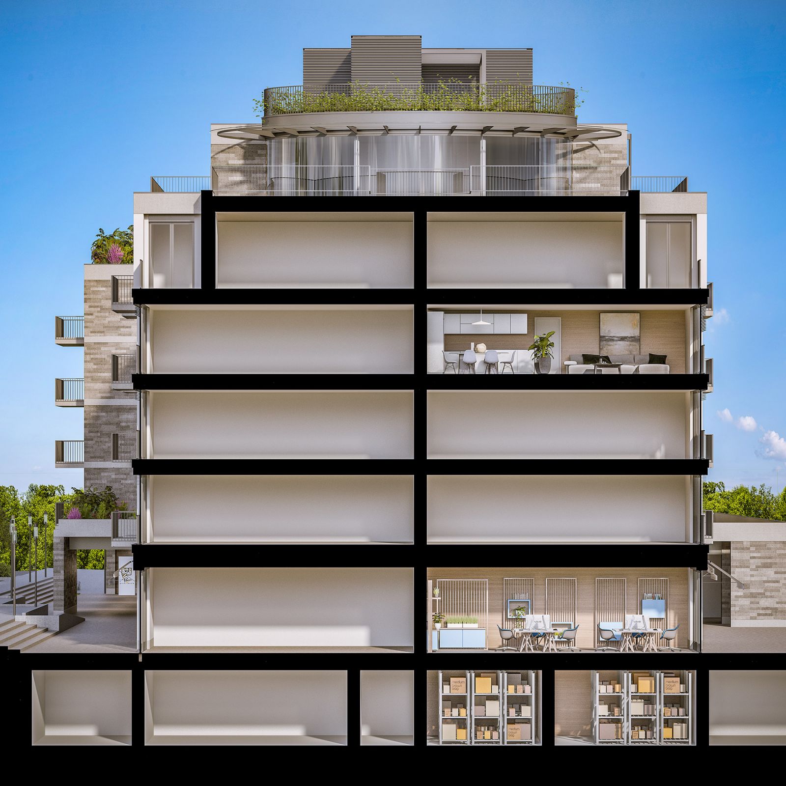 Real estate 3D rendering of the Multi Family house architectural cut where the eight floors can be seen