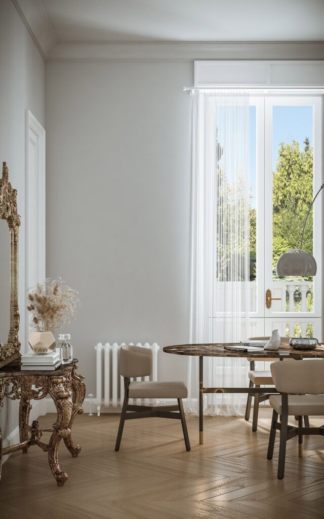 Real estate 3D rendering of the Housing renovation of the dining room with natural light and a marble table with light brown details