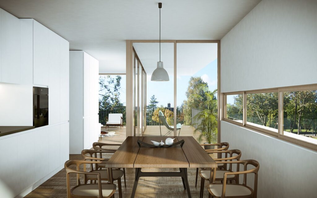 Real estate 3D rendering of the modern dining room decorated in a minimalist style at the Le Vallon De Villars
