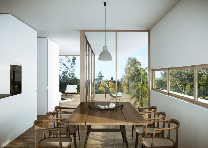 Real estate 3D rendering of the modern dining room decorated in a minimalist style at the Le Vallon De Villars