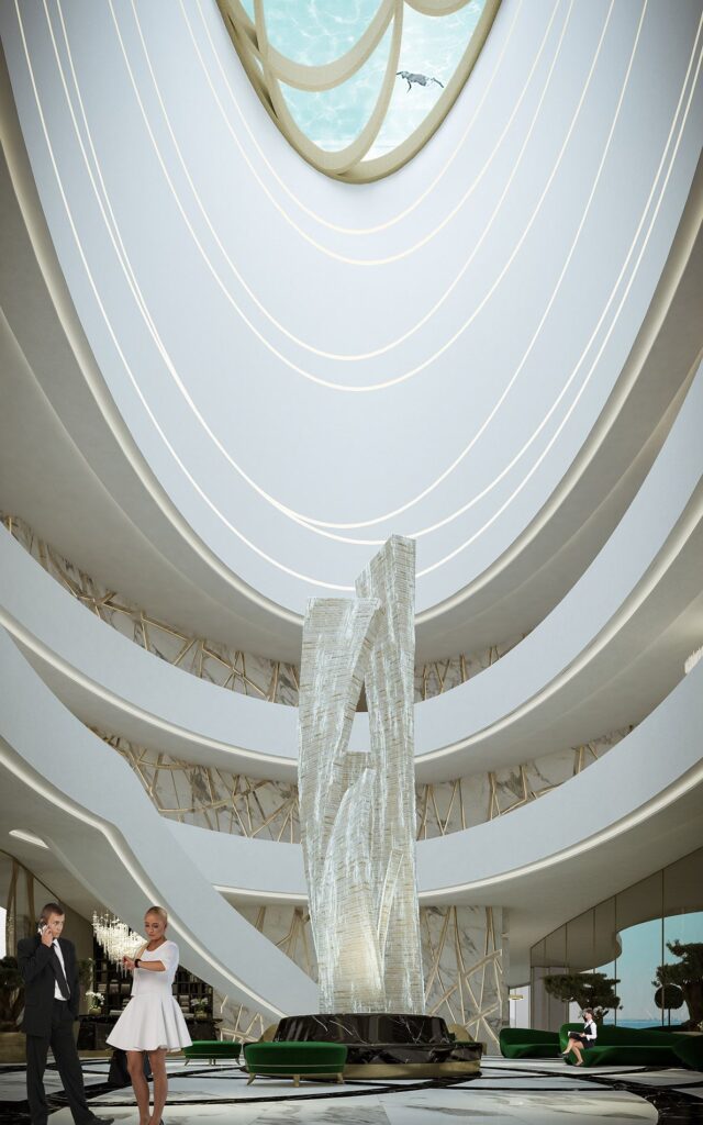 Real estate 3D rendering of the Five stars hotel luxury entrance with high ceilings and very good lighting