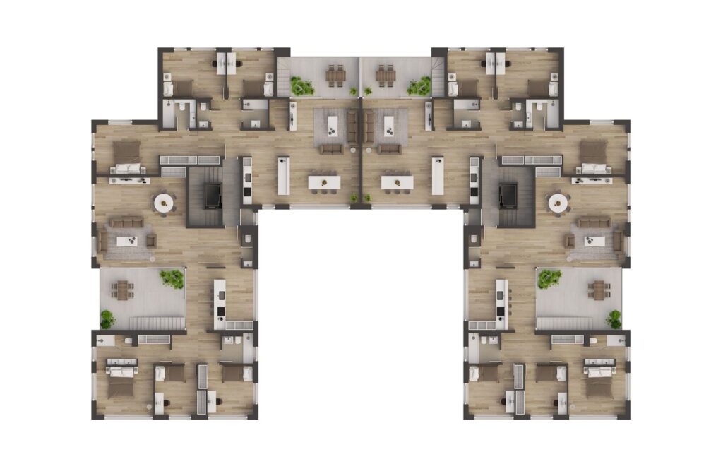 Grundriss 3D-Rendering des ersten Stocks der Mehrfamilien- und Parkgebäude mit Möbeln