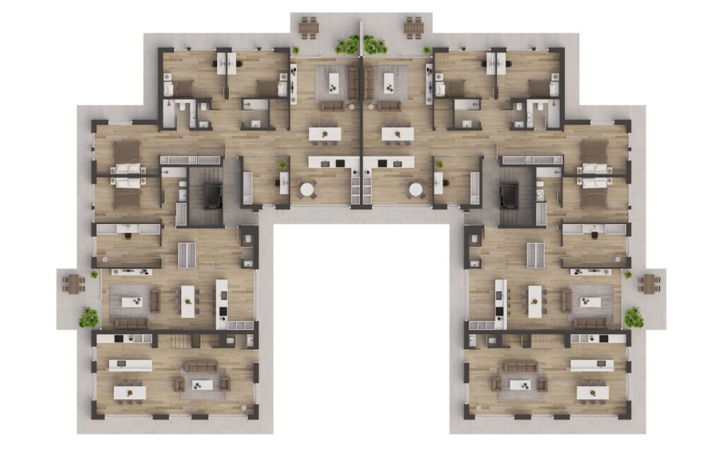 Floorplan 3D rendering of the third floor at the Multi Family and park buildings with furniture