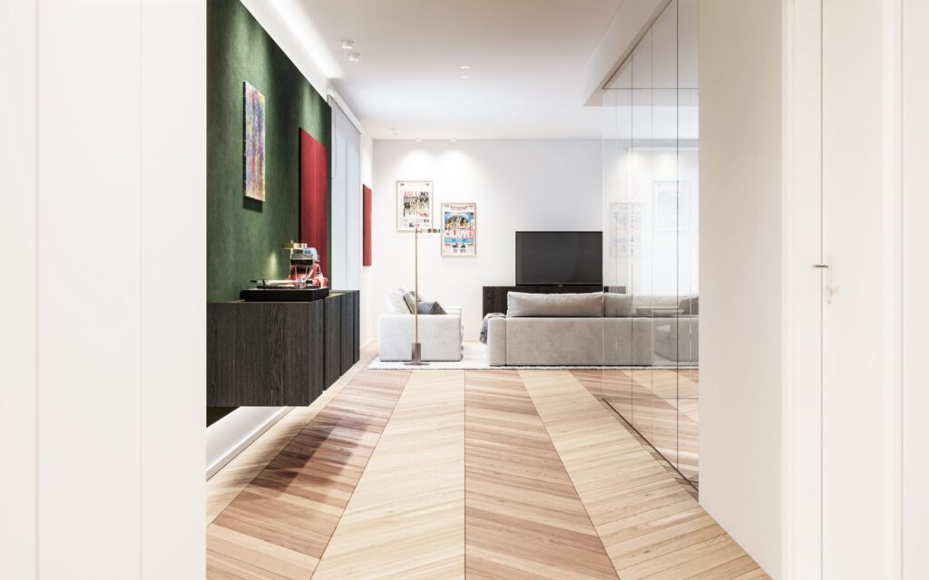 Immobilien-3D-Rendering des Domus Lascaris-Flurs zum modernen Wohnzimmer mit dunkelgrüner Wand