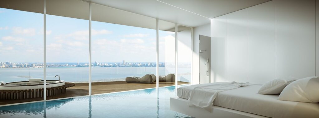 Real estate 3D rendering of the bedroom hotel in the Rotating towers with large windows and a great view of the city