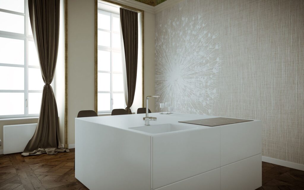 Real estate 3D rendering of the kitchen with an island decorated in a minimalist style with large windows at The Number 6