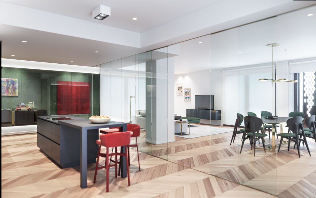 Real estate 3D rendering of the Domus Lascaris kitchen, closed with transparent glass that visually connects to the living and dining rooms