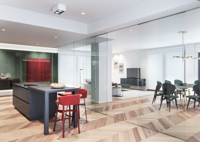 Real estate 3D rendering of the Domus Lascaris kitchen, closed with transparent glass that visually connects to the living and dining rooms