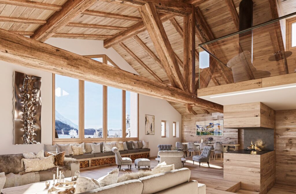 Immobilien-3D-Rendering des offenen Ess- und Wohnzimmers mit hohen Holzdecken im Celerina Housing