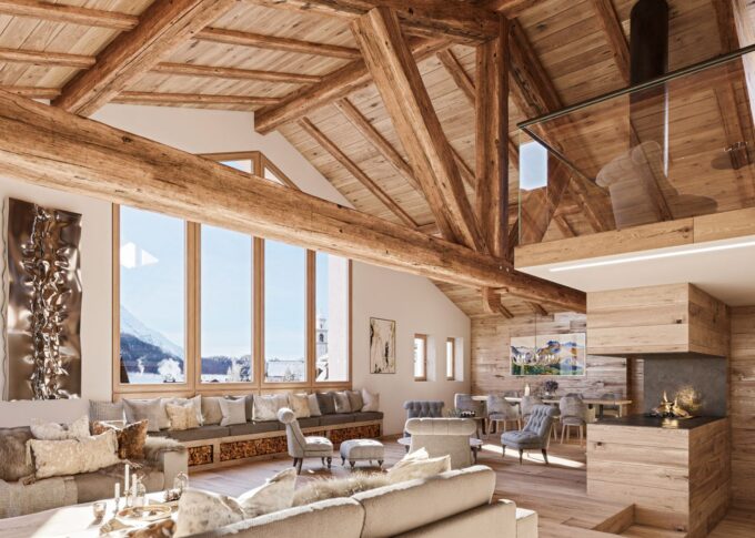 Real estate 3D rendering of the Celerina Housing open-concept dining and living room with high wood ceilings