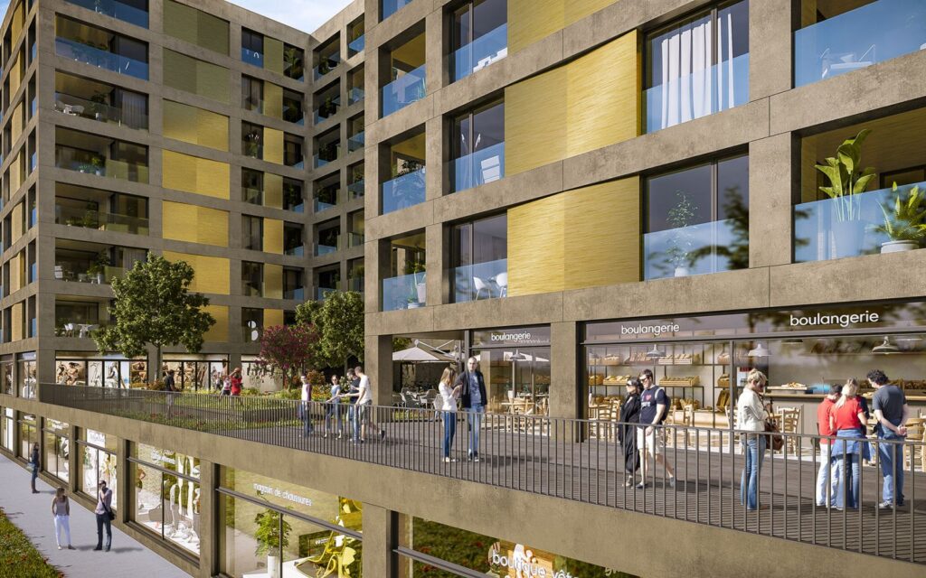 Real estate 3D rendering of the modern Concord housing featuring 154 new homes