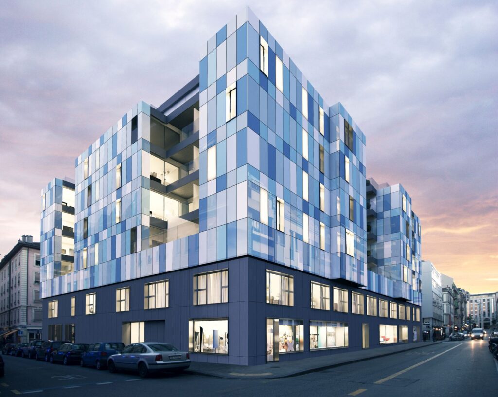 Immobilien-3D-Rendering des Rossi 16 – modernes Mehrfamilienhaus mit einer Ganzglasfassade und Geschäften im Erdgeschoss