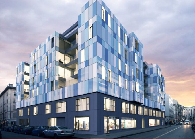 Real estate 3D rendering of the Rossi 16 - Multi Family modern exterior, with an all-glass facade and shops on the ground floor